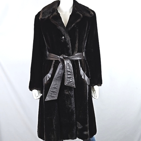 Vintage Tissavel France Faux Fur & Leather Chocolate Brown 70s Glam Belted Coat - Picture 2 of 16